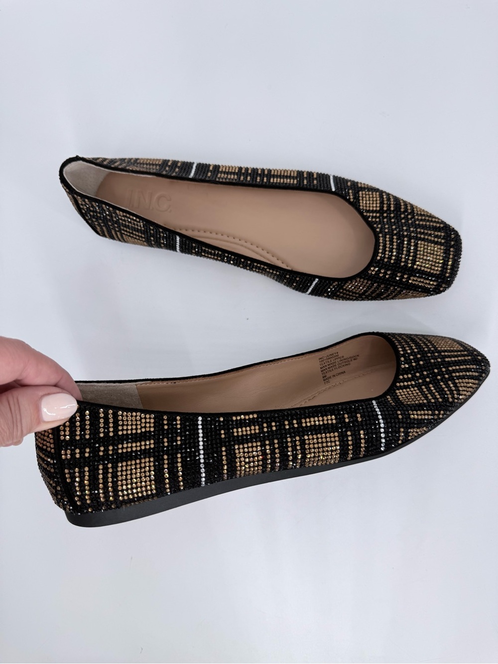 INC Juney4 Rhinestone Plaid Ballet Flats Women 8M Black Gold Square Toe NWOB